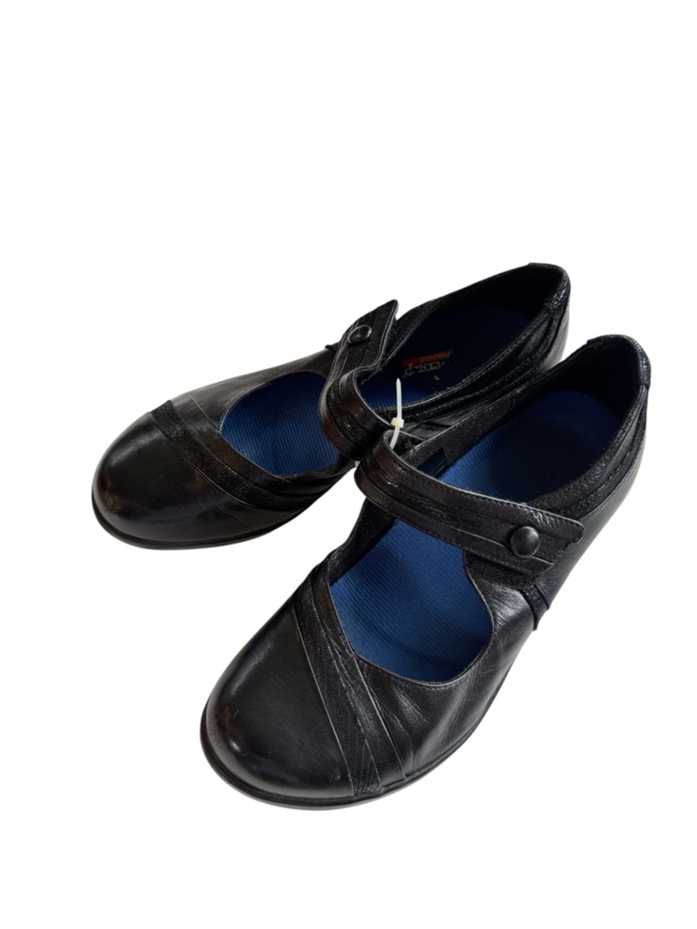 Aravon black leather Mary Jane comfort shoes with hook-and-loop strap closures